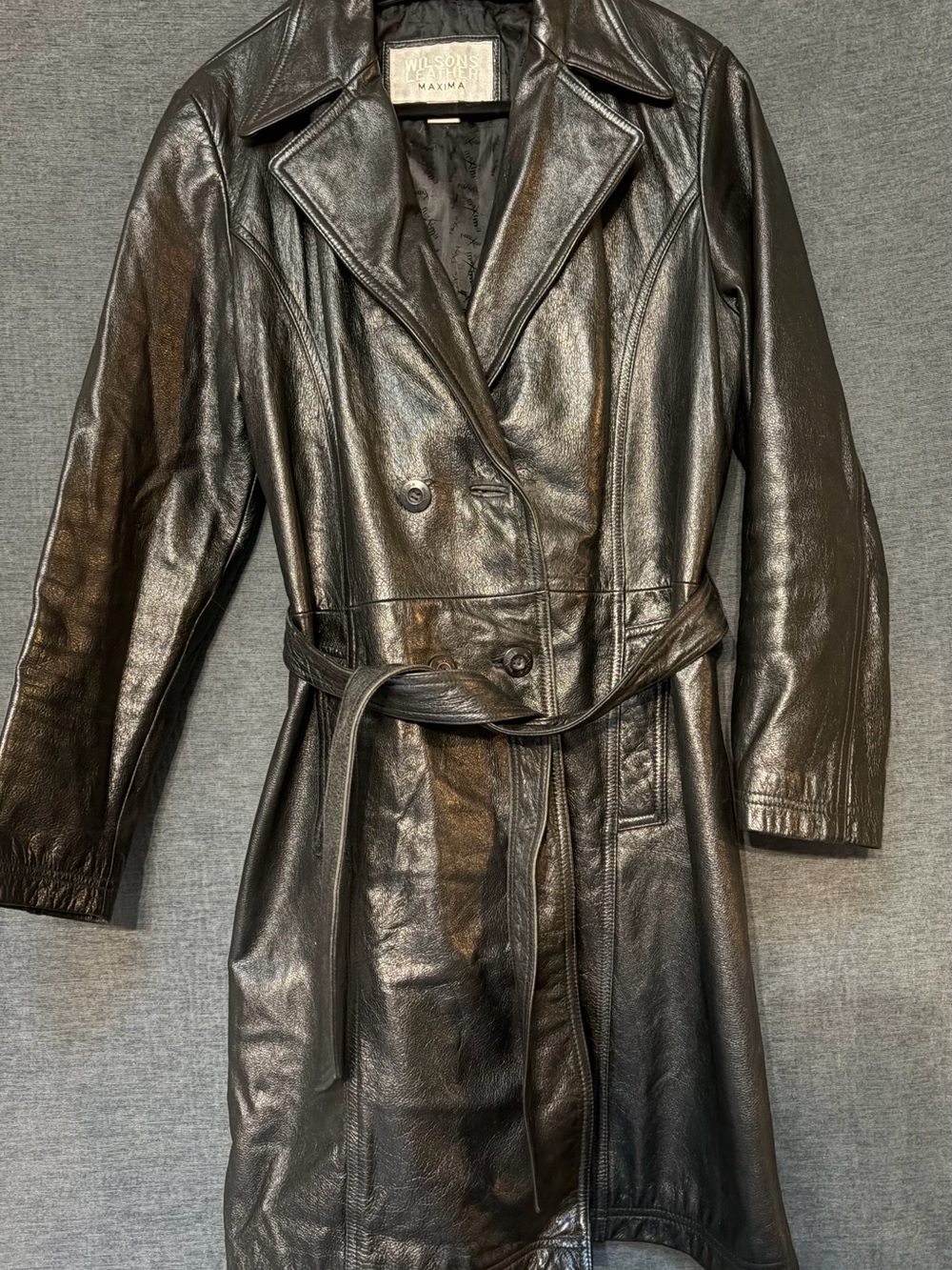 Wilsons Leather Black Double-Breasted Leather Trench Coat